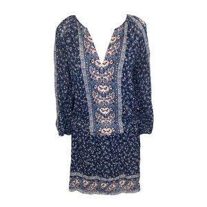 Joie Ariella 100% Silk Drop Waist Lined Navy Floral Dress Sz XS Boho Peasant